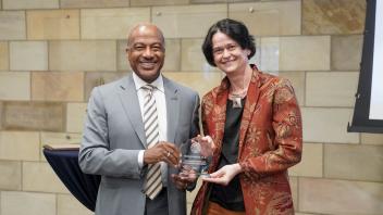 UC Davis Chancellor Gary S. May and awardee Nicole Rabaud