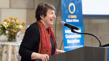 UC Davis Vice Provost and Dean Joanna Regulska speaks at a podium at the International Connections Reception