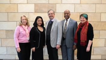 Group photo at the Global Affairs 2023 International Connections Reception of Provost Mary Croughan, Chancellor's Awardees Jennifer Chow and Michael Carter, Chancellor Gary S. May and Global Affairs Vice Provost and Dean Joanna Regulska