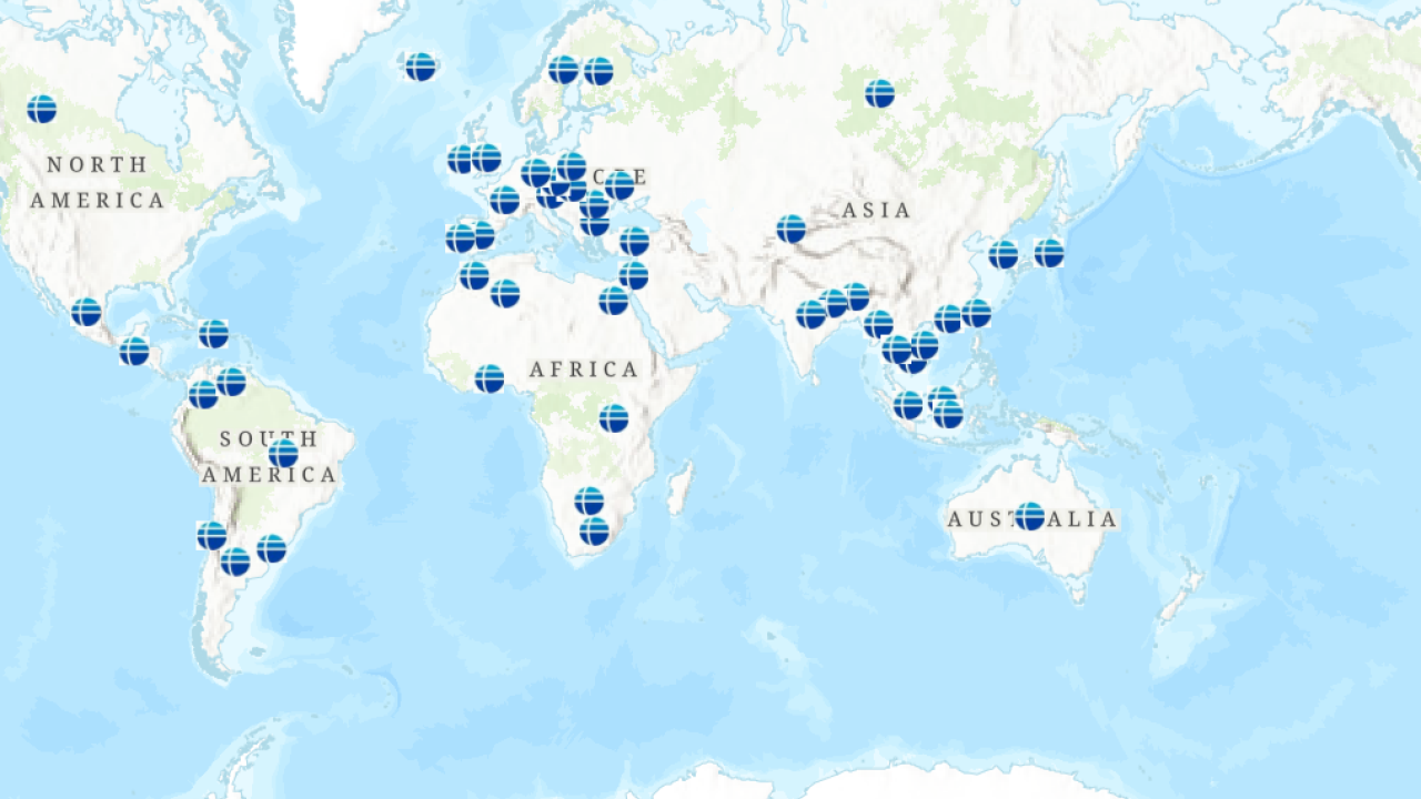 Dashboard showing where the UC Davis U.S. Fulbright Scholars are located in the world