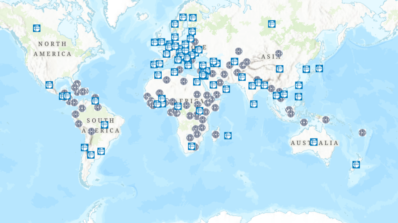 Dashboard showing where the UC Davis Visiting Fulbright Scholars are located in the world.