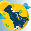 A blue and gold globe showing sun, wind, energy, water, plants and animals.